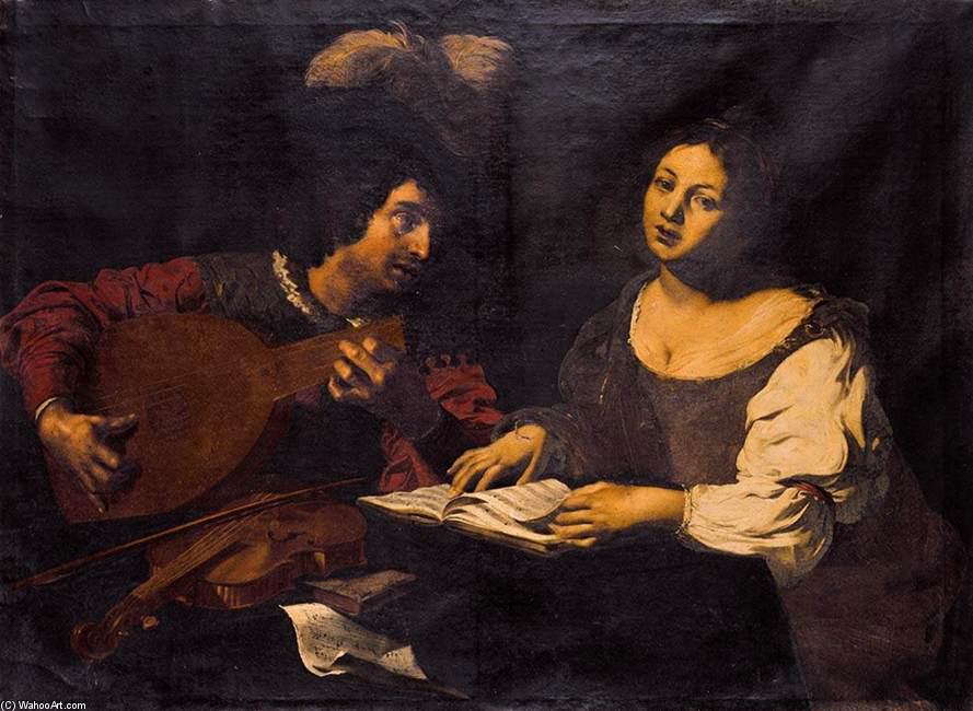 Wikioo.org - The Encyclopedia of Fine Arts - Painting, Artwork by Nicolas Régnier - A Musician Playing a Lute to a Singing Girl
