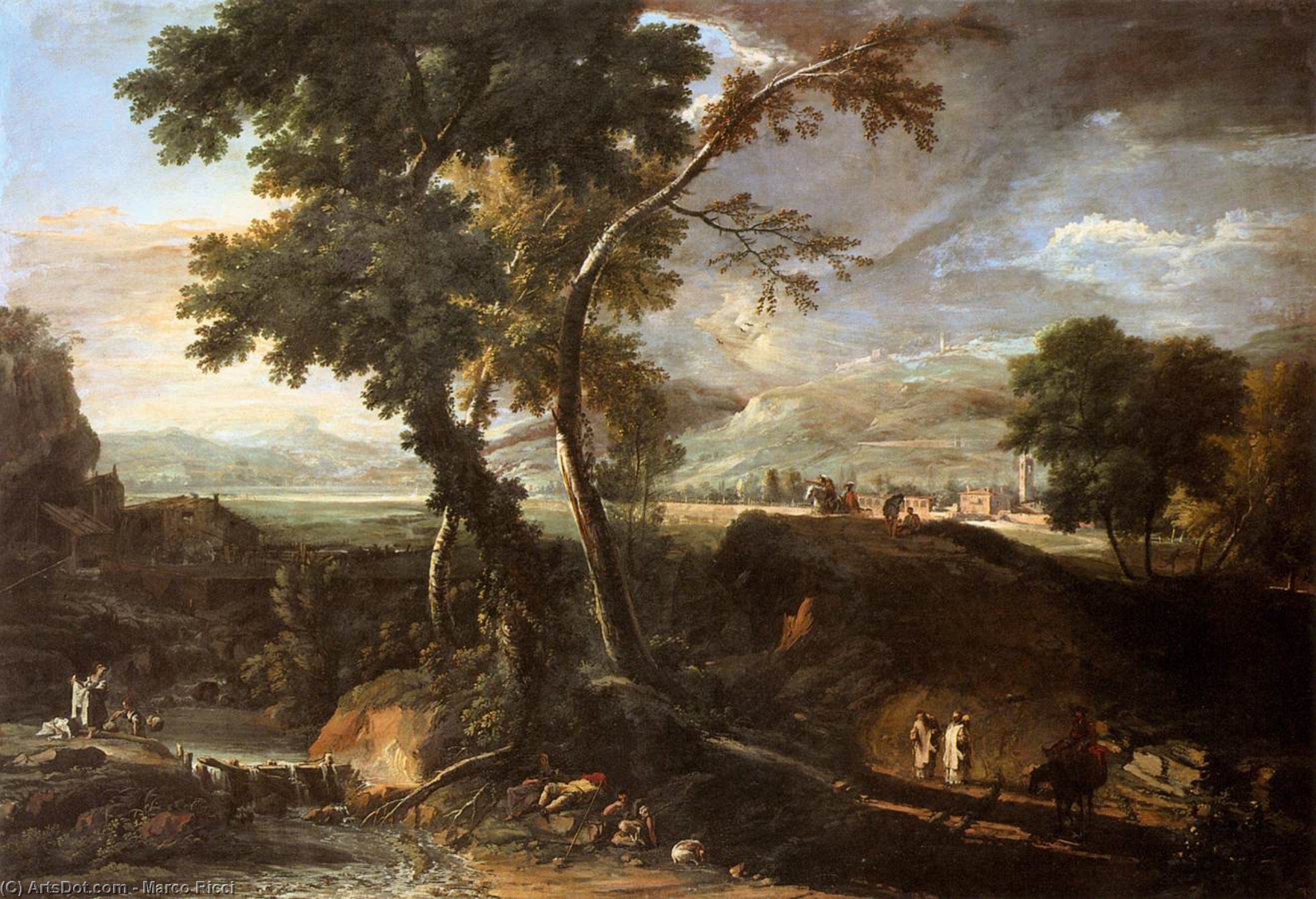 Wikioo.org - The Encyclopedia of Fine Arts - Painting, Artwork by Marco Ricci - Landscape with River and Figures