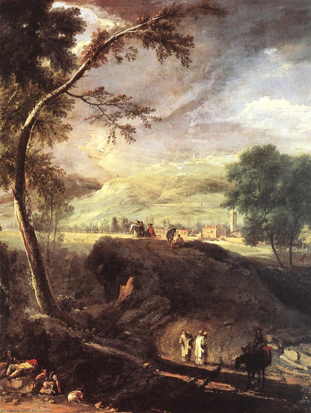 Wikioo.org - The Encyclopedia of Fine Arts - Painting, Artwork by Marco Ricci - Landscape with River and Figures (detail)