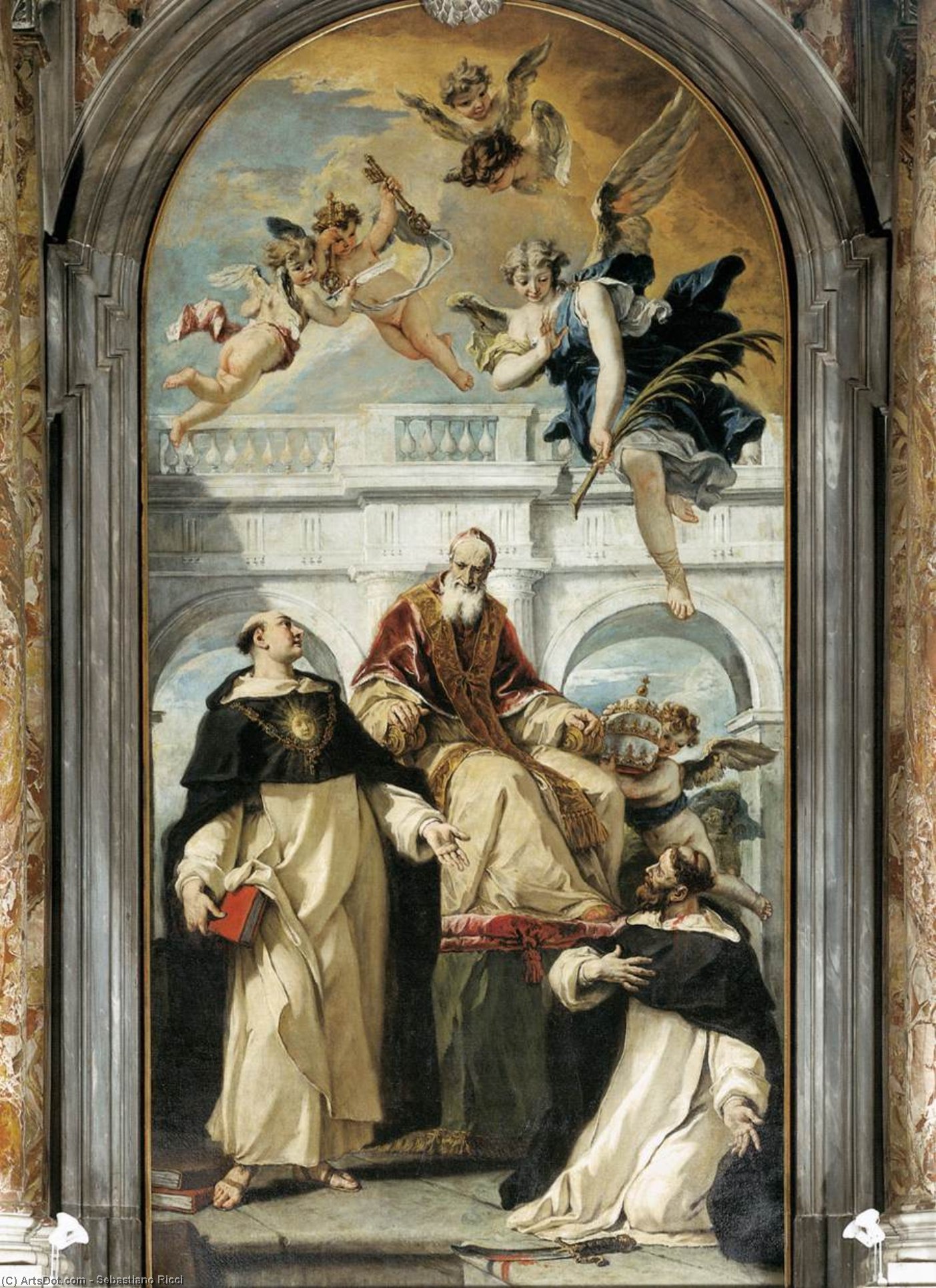 Wikioo.org - The Encyclopedia of Fine Arts - Painting, Artwork by Sebastiano Ricci - St Pius, St Thomas of Aquino and St Peter Martyr