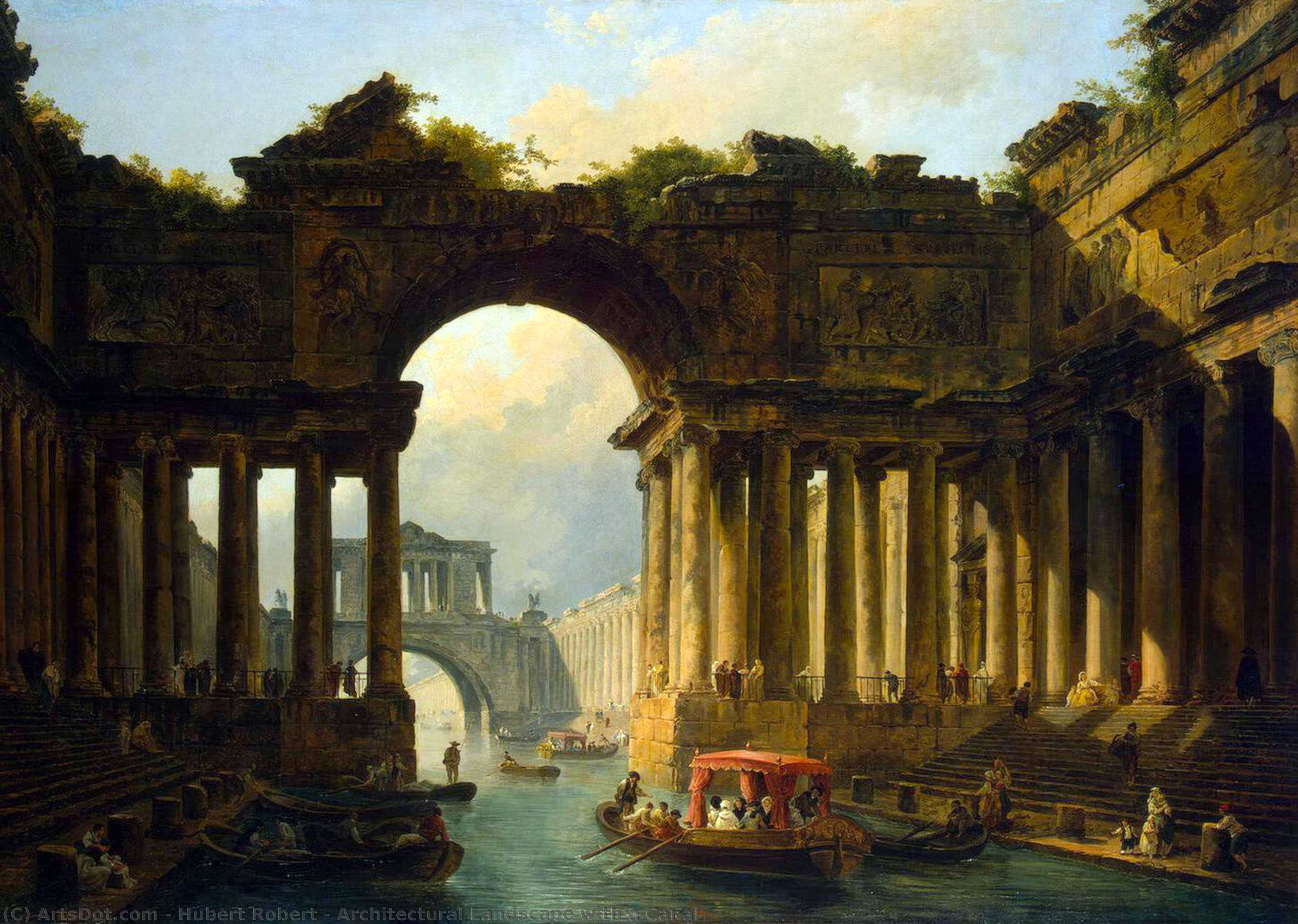 Wikioo.org - The Encyclopedia of Fine Arts - Painting, Artwork by Hubert Robert - Architectural Landscape with a Canal