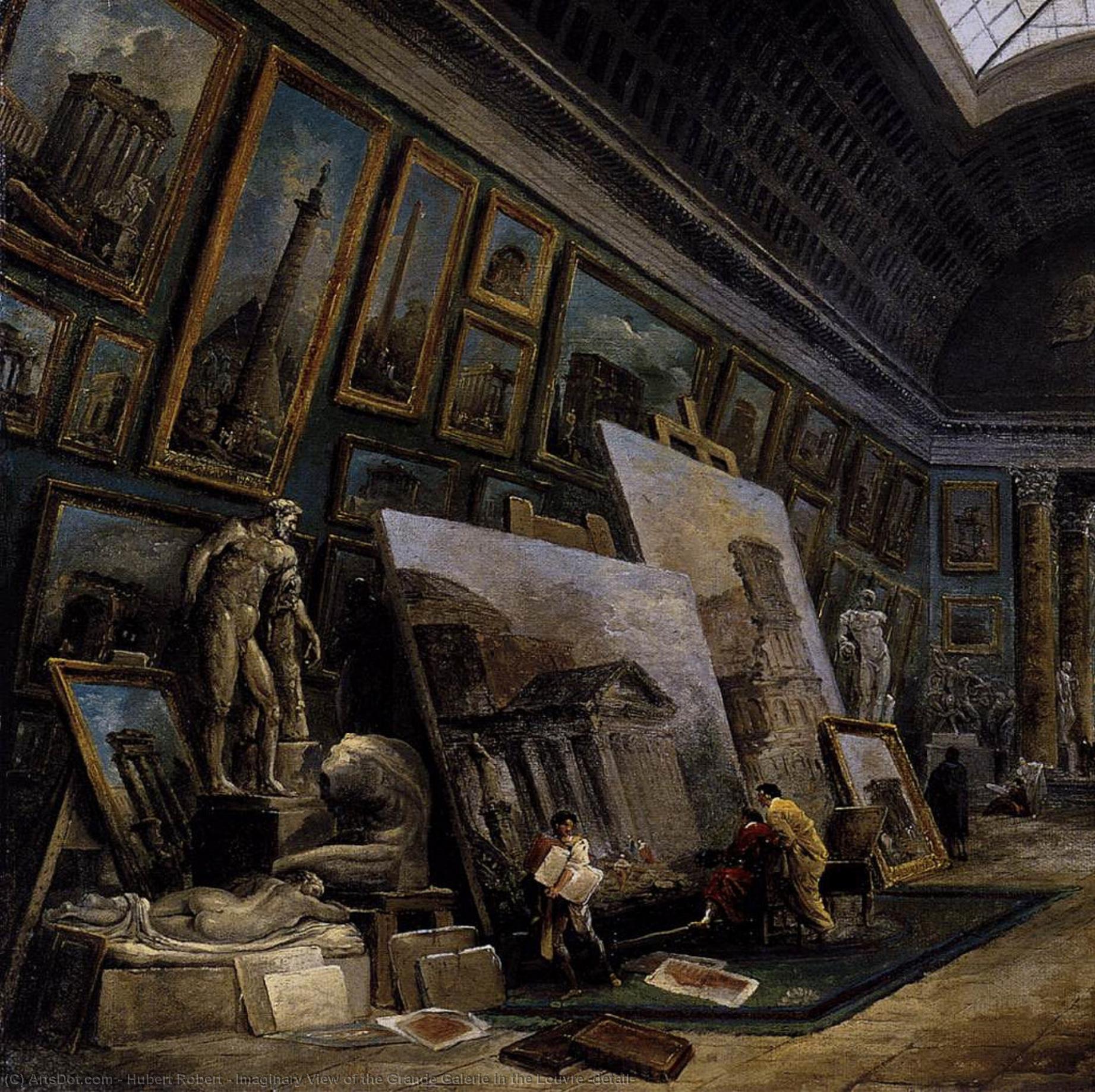 Wikioo.org – La Enciclopedia de las Bellas Artes - Pintura, Obras de arte de Hubert Robert - Imaginario Vista de la gran galería en el louvre ( detalle )