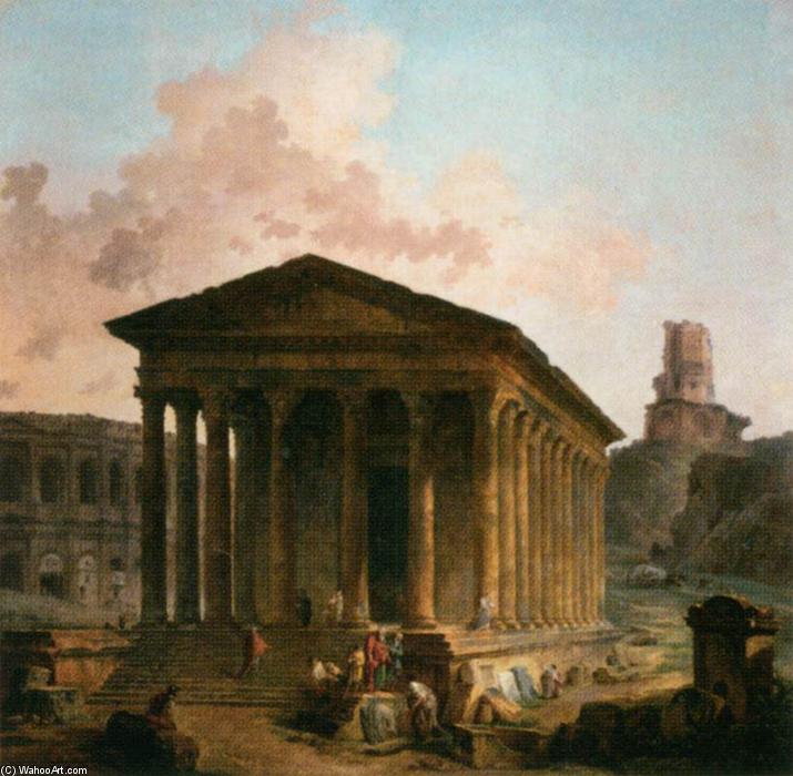 Wikioo.org - The Encyclopedia of Fine Arts - Painting, Artwork by Hubert Robert - The Maison Carée, the Arenas and the Magne Tower in Nimes