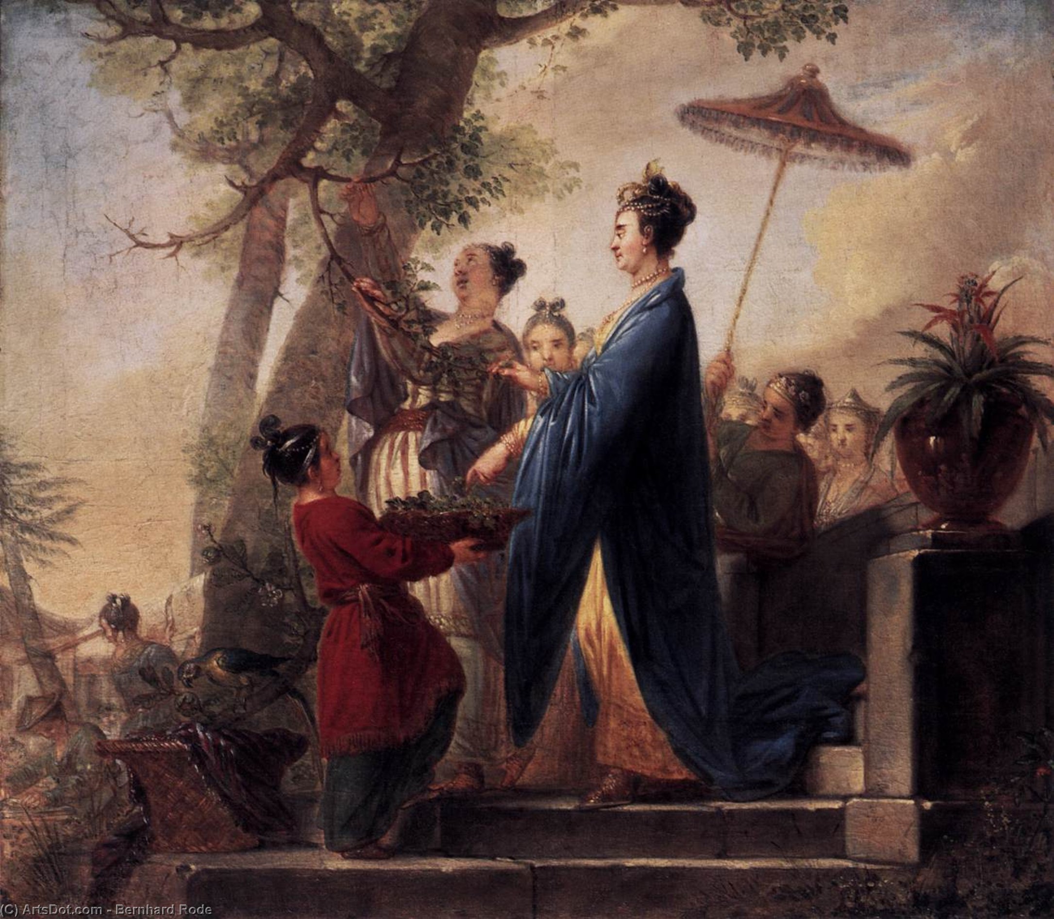WikiOO.org - Enciclopédia das Belas Artes - Pintura, Arte por Bernhard Rode - The Empress of China Culling Mulberry Leaves
