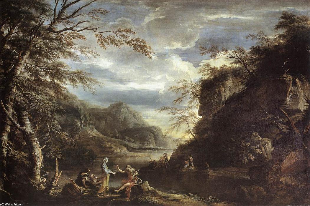 WikiOO.org - Encyclopedia of Fine Arts - Maleri, Artwork Salvator Rosa - River Landscape with Apollo and the Cumean Sibyl
