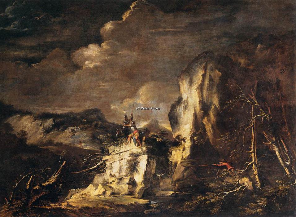 Wikioo.org - The Encyclopedia of Fine Arts - Painting, Artwork by Salvator Rosa - Rocky Landscape with a Huntsman and Warriors