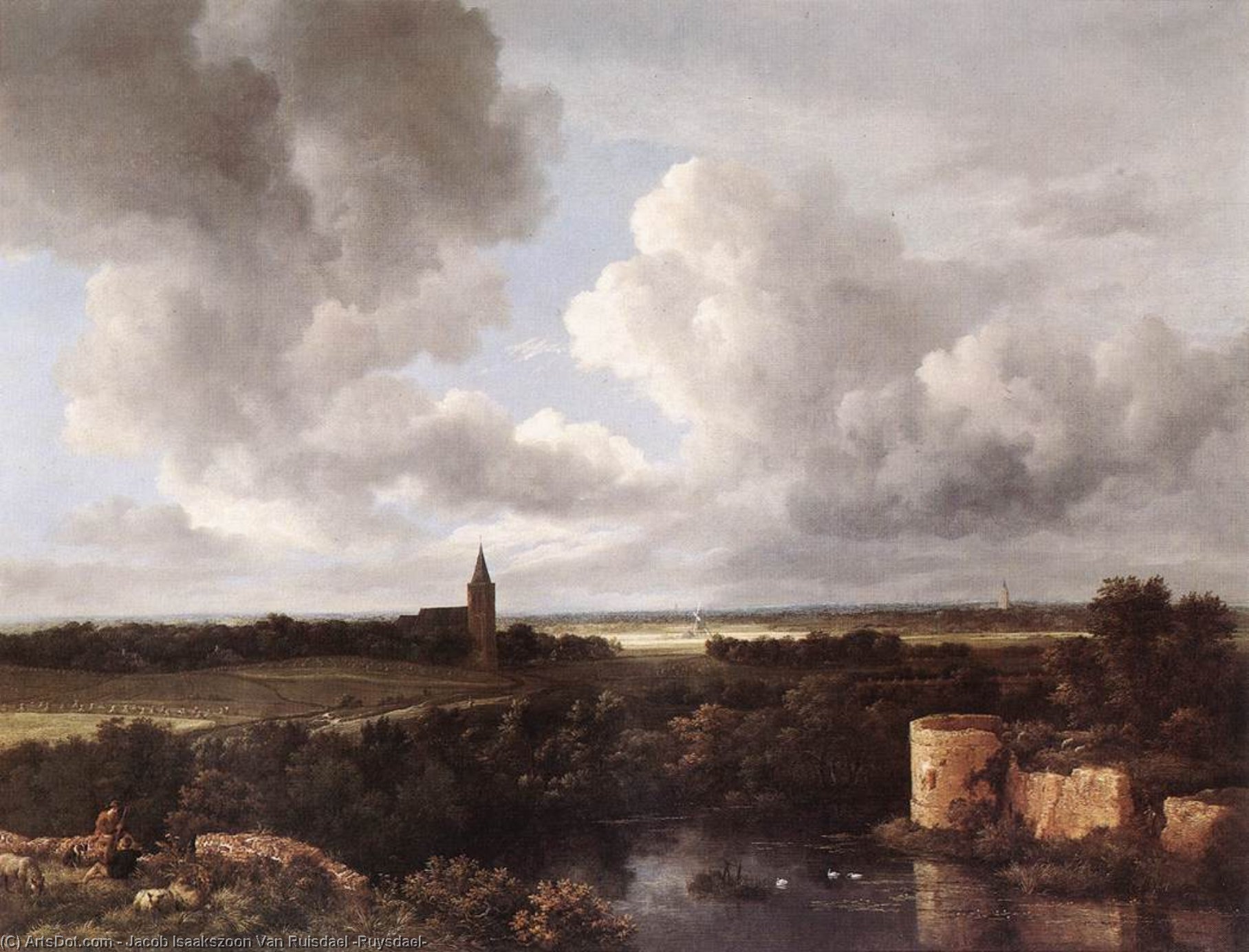 Wikoo.org - موسوعة الفنون الجميلة - اللوحة، العمل الفني Jacob Isaakszoon Van Ruisdael (Ruysdael) - An Extensive Landscape with a Ruined Castle and a Village Church