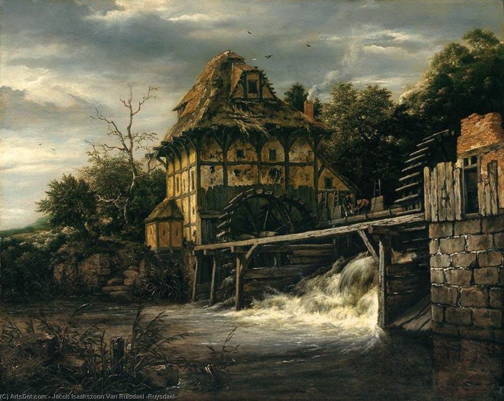Wikioo.org – L'Enciclopedia delle Belle Arti - Pittura, Opere di Jacob Isaakszoon Van Ruisdael (Ruysdael) - Due prognatismo mulini ad acqua con gli uomini Apertura un Chiusa