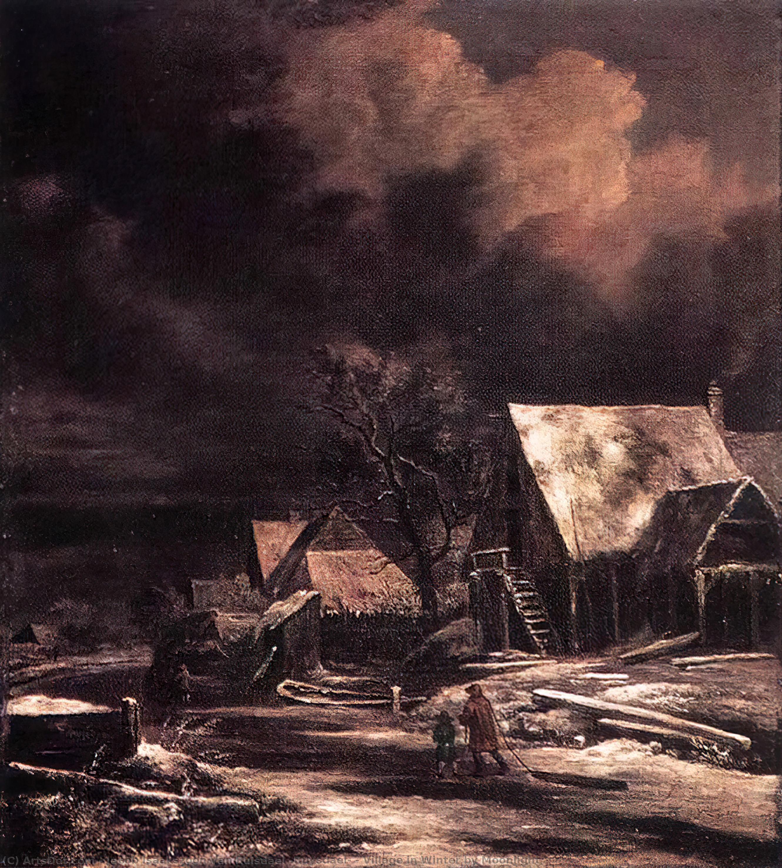 Wikioo.org - The Encyclopedia of Fine Arts - Painting, Artwork by Jacob Isaakszoon Van Ruisdael (Ruysdael) - Village in Winter by Moonlight