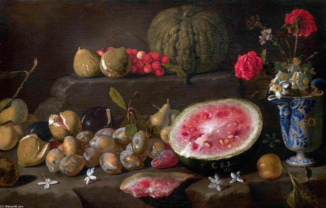 Wikioo.org - The Encyclopedia of Fine Arts - Painting, Artwork by Giovanni Battista Ruoppolo - Still-Life with Fruit and a Vase of Flowers