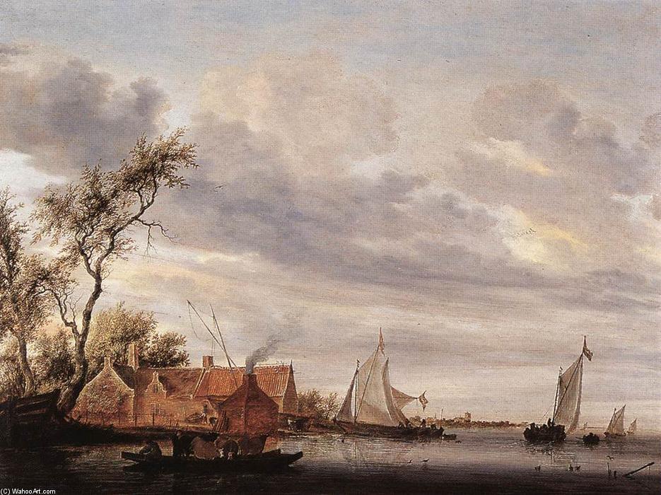Wikioo.org - The Encyclopedia of Fine Arts - Painting, Artwork by Salomon Van Ruysdael - River Scene with Farmstead
