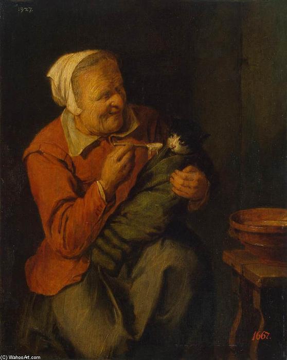 Wikioo.org - The Encyclopedia of Fine Arts - Painting, Artwork by David The Younger Ryckaert - Peasant Woman with a Cat