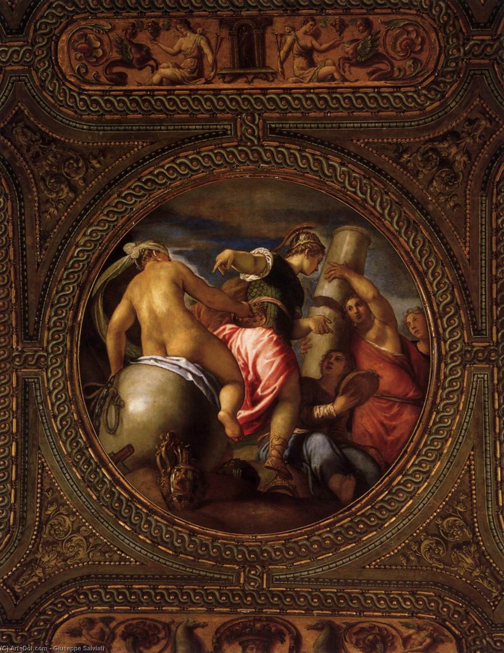 Wikioo.org – L'Enciclopedia delle Belle Arti - Pittura, Opere di Giuseppe Salviati - Pallade Atene  tra  Fortuna  e le  Virtù