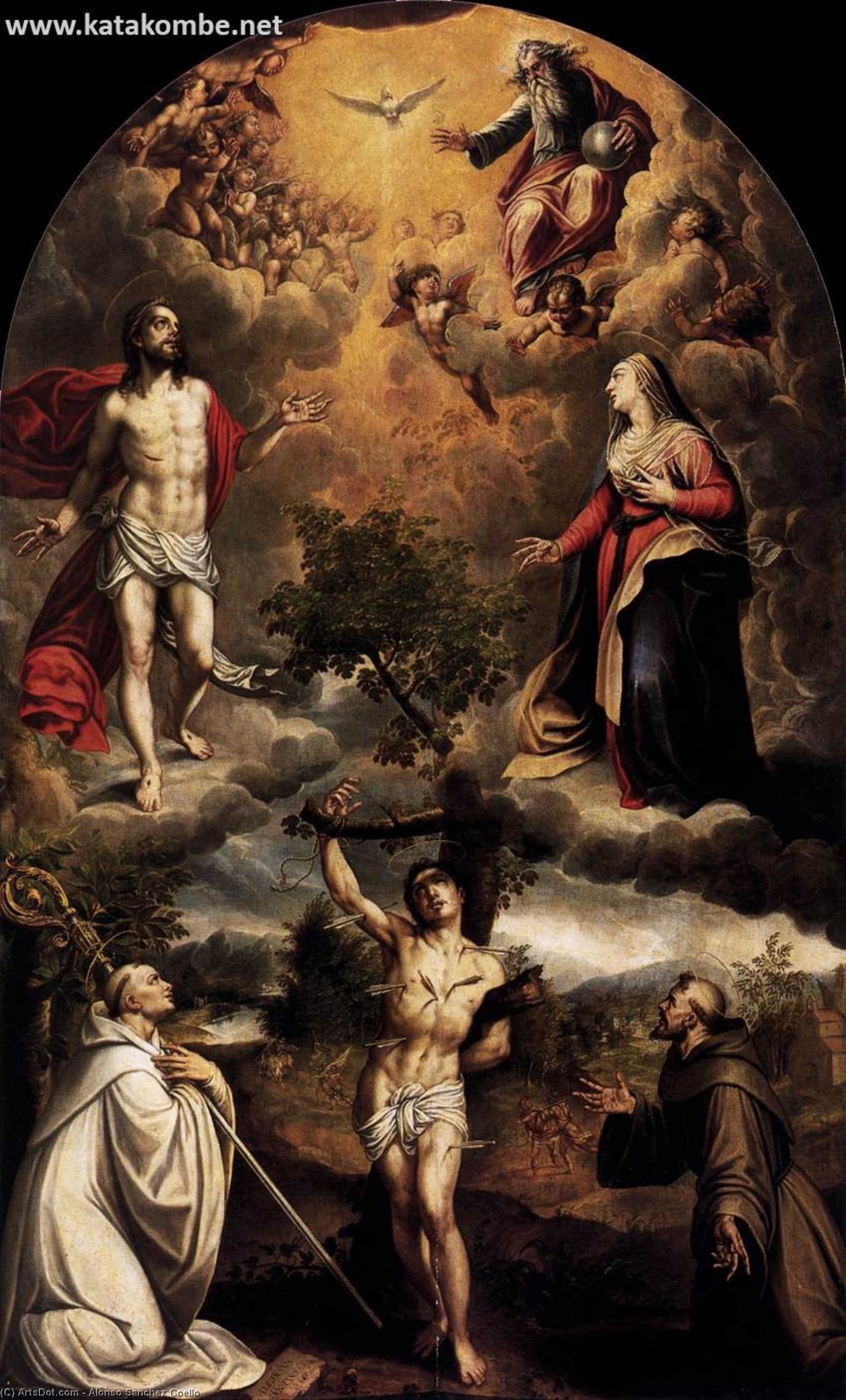 Wikioo.org - The Encyclopedia of Fine Arts - Painting, Artwork by Alonso Sanchez Coello - St Sebastian between St Bernard and St Francis