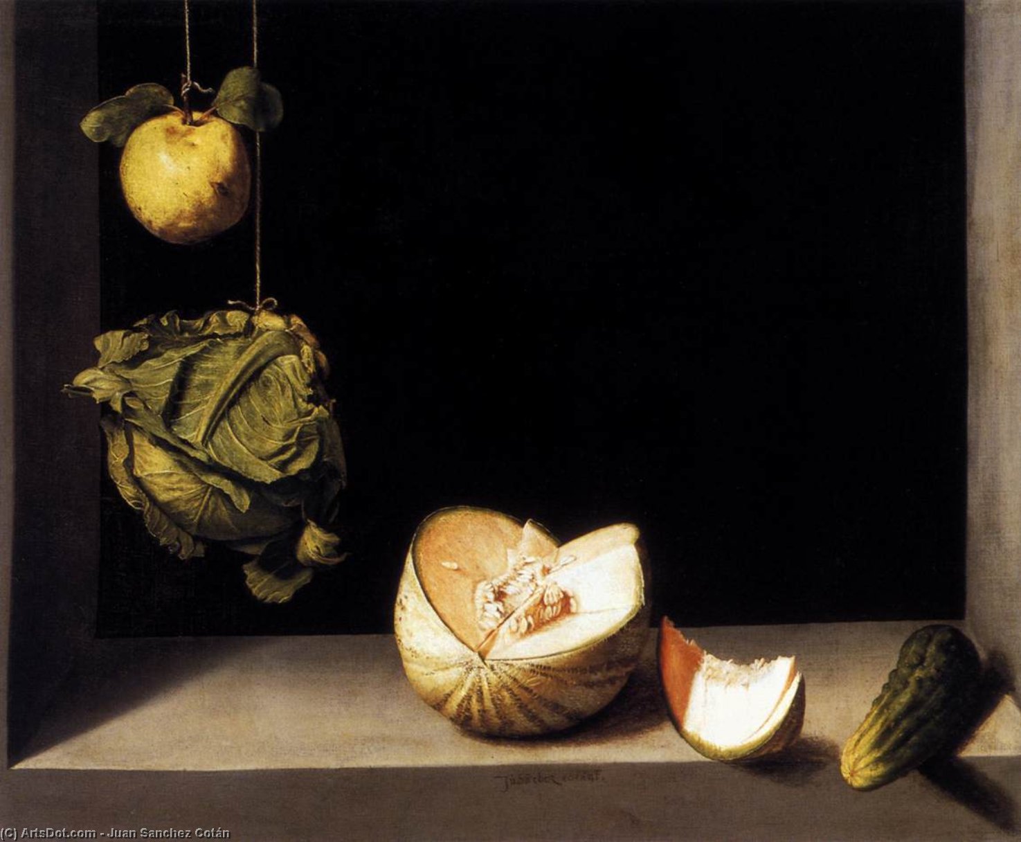 Wikioo.org - The Encyclopedia of Fine Arts - Painting, Artwork by Juan Sanchez Cotán - Still-life with Quince, Cabbage, Melon and Cucumber