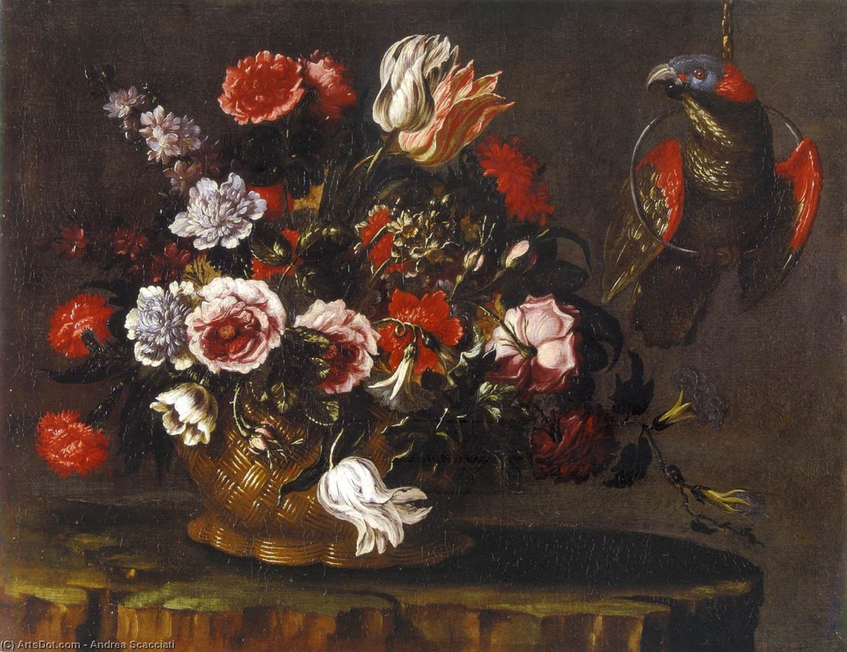 WikiOO.org - Encyclopedia of Fine Arts - Maľba, Artwork Andrea Scacciati - Basket of Flowers with Parrot