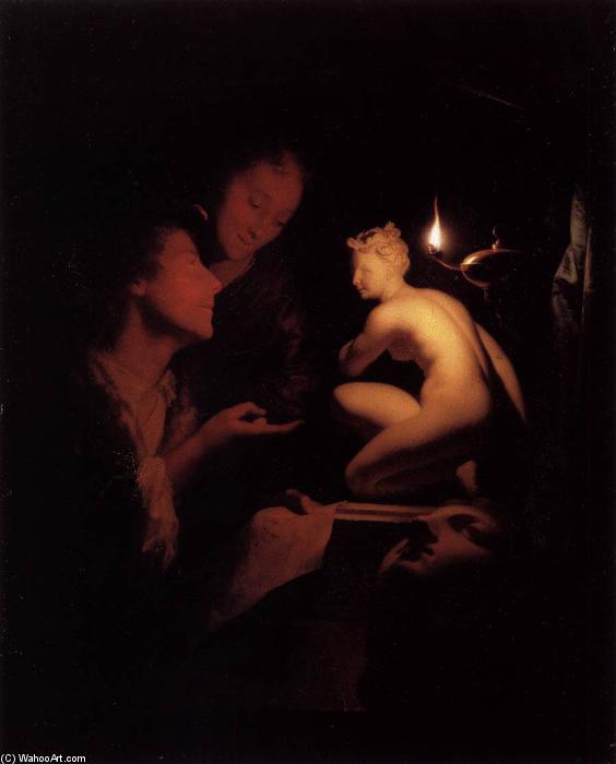Wikioo.org - The Encyclopedia of Fine Arts - Painting, Artwork by Godfried Schalcken - Artist and Model Looking at an Ancient Statue by Lamplight