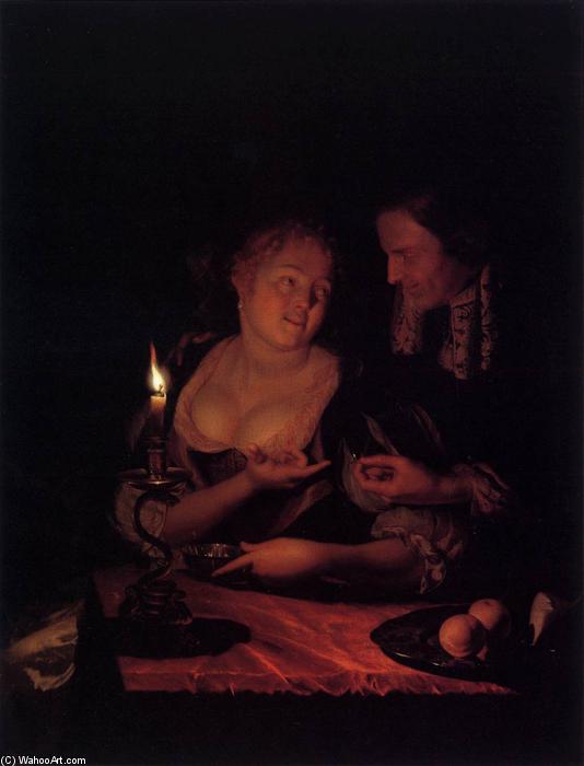 Wikioo.org - The Encyclopedia of Fine Arts - Painting, Artwork by Godfried Schalcken - Gentleman Offering a Lady a Ring in a Candlelit Bedroom