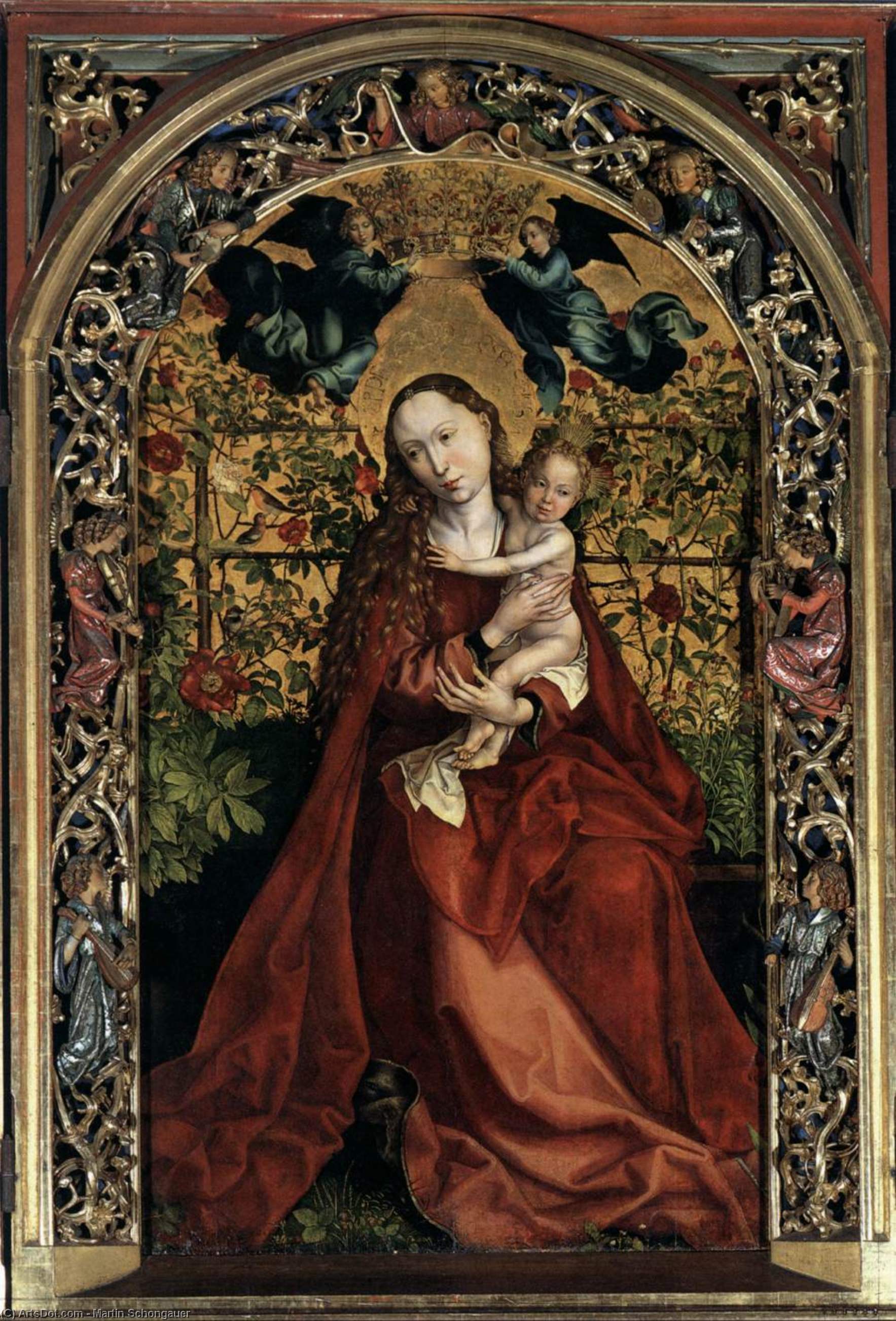 Wikioo.org – La Enciclopedia de las Bellas Artes - Pintura, Obras de arte de Martin Schongauer - virgen de rose Arbusto