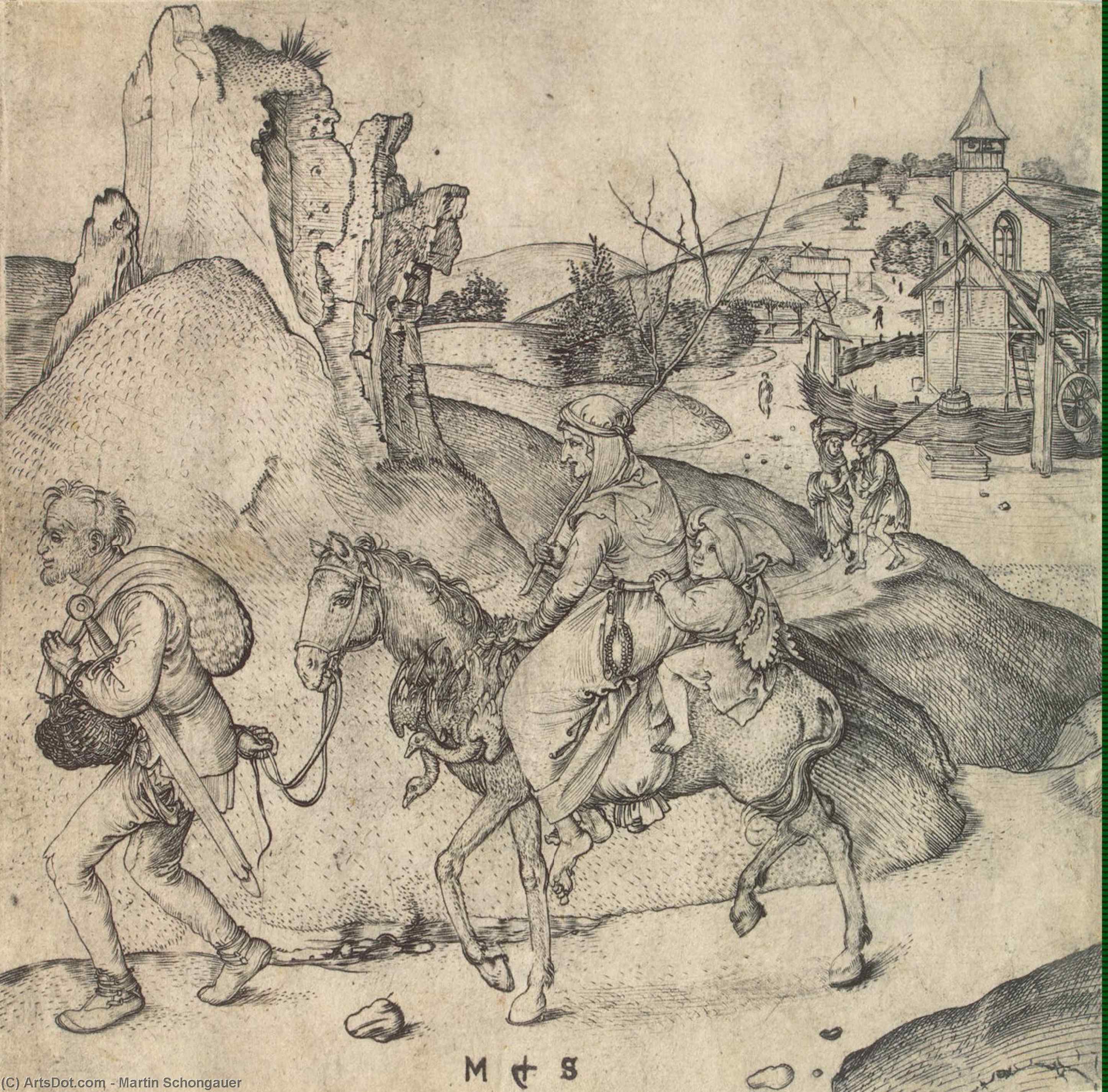 Wikioo.org – La Enciclopedia de las Bellas Artes - Pintura, Obras de arte de Martin Schongauer - campesino familia yendo  bastante  el  mercado