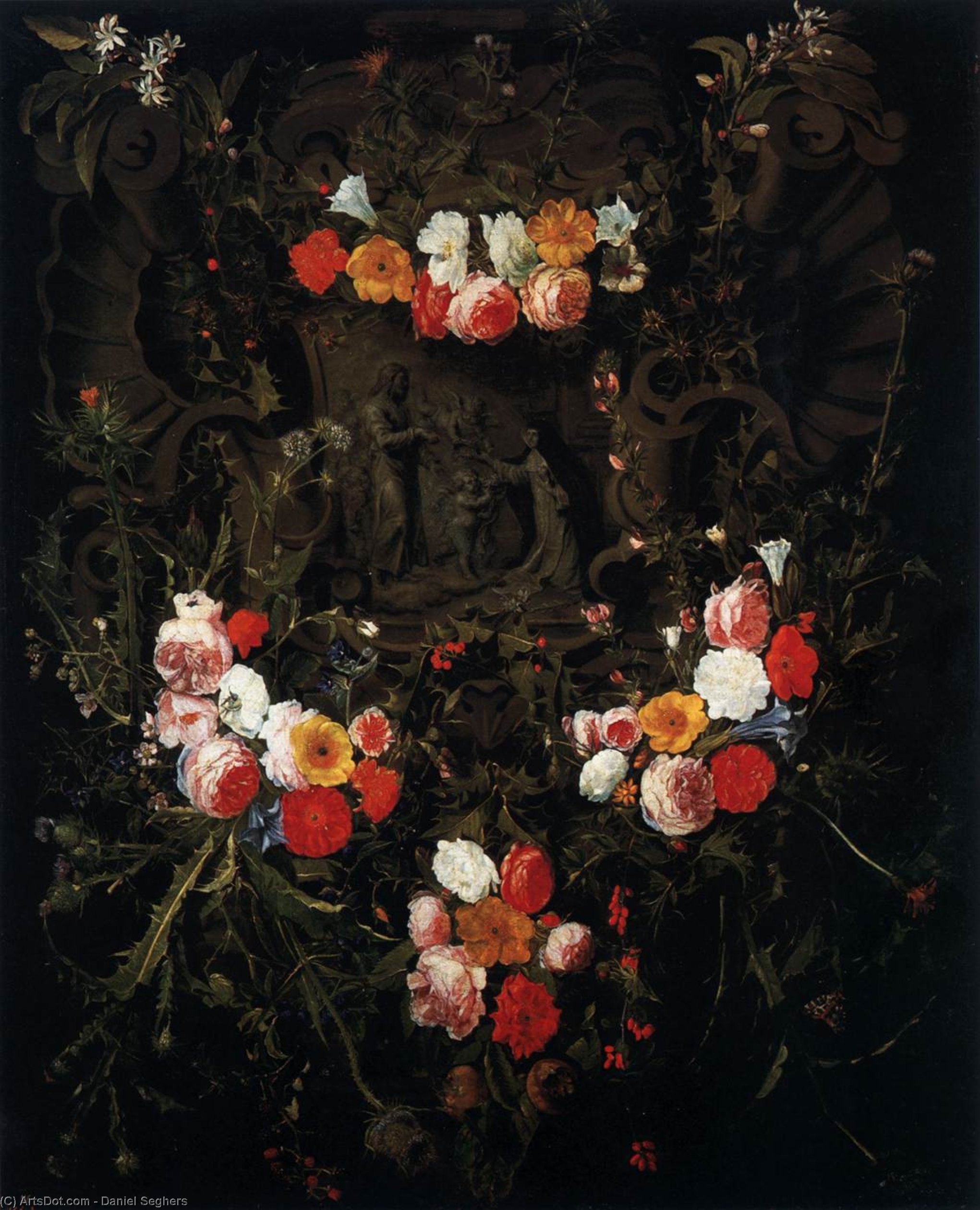 Wikioo.org - The Encyclopedia of Fine Arts - Painting, Artwork by Daniel Seghers - Christ and St Therese in a Garland of Flowers