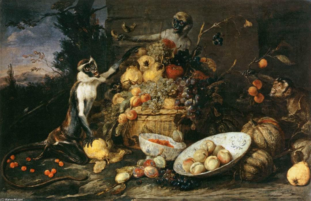 Wikioo.org - The Encyclopedia of Fine Arts - Painting, Artwork by Frans Snyders - Three Monkeys Stealing Fruit