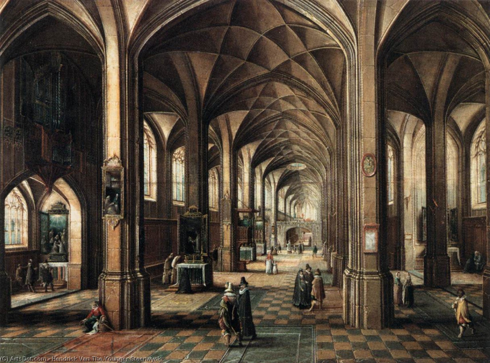 Wikioo.org - The Encyclopedia of Fine Arts - Painting, Artwork by Hendrick Van The Younger Steenwyck - Interior of a Church with a Family in the Foreground