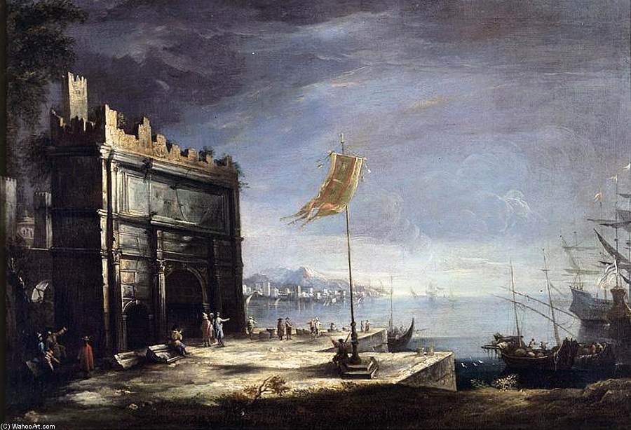 Wikioo.org - The Encyclopedia of Fine Arts - Painting, Artwork by Antonio Stom - Capriccio of a Port Scene with a Classical Arch