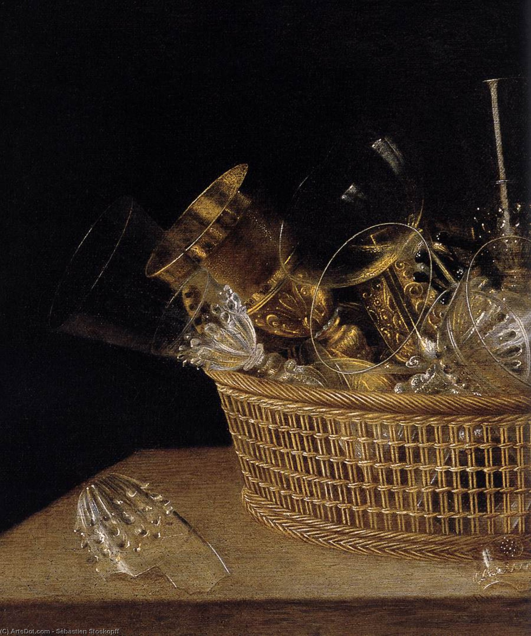 Wikioo.org - The Encyclopedia of Fine Arts - Painting, Artwork by Sébastien Stoskopff - Still-Life of Glasses in a Basket (detail)
