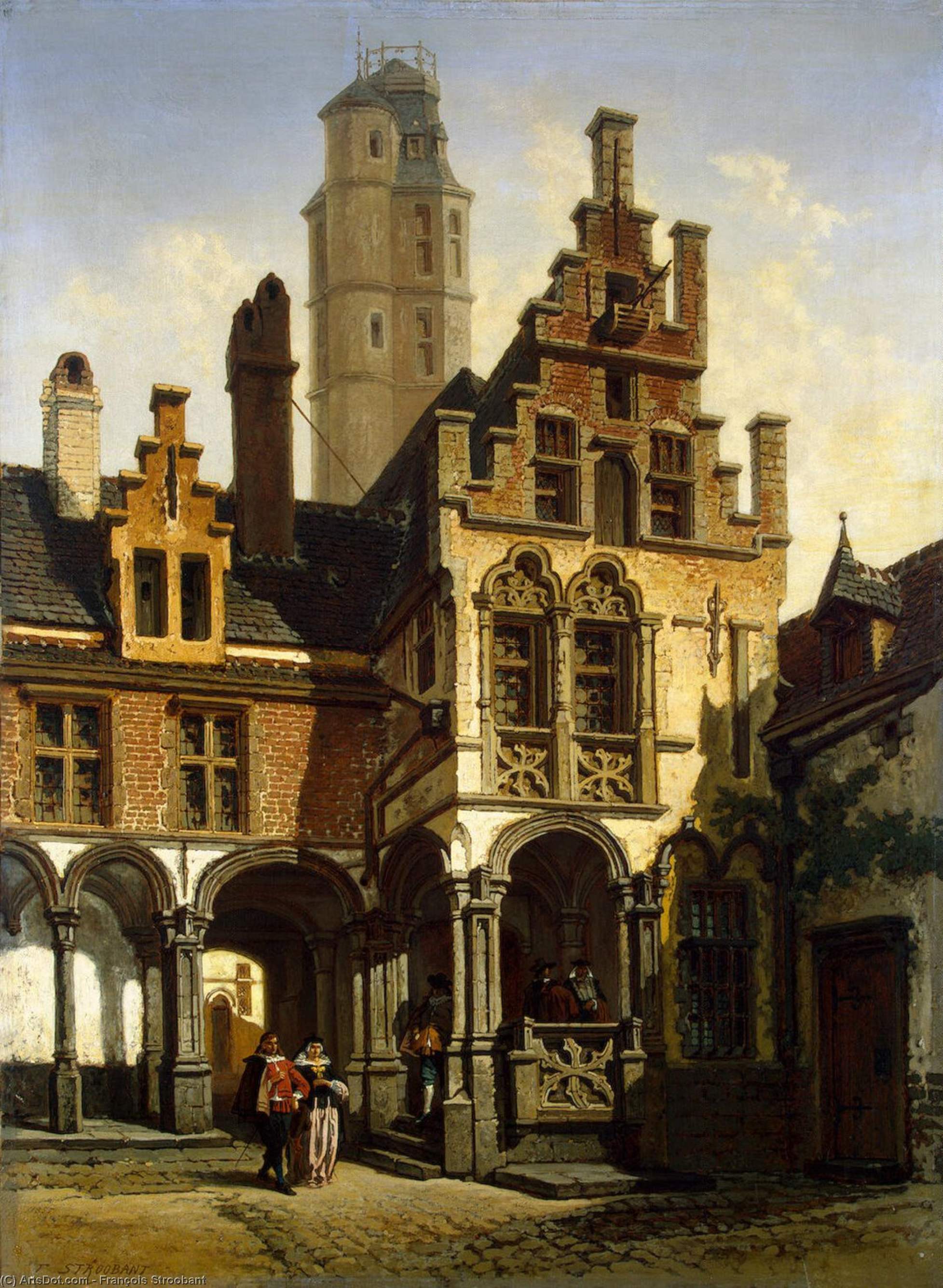 Wikioo.org - The Encyclopedia of Fine Arts - Painting, Artwork by François Stroobant - Courtyard of the Palace of Marguerite of Austria in Mechelen