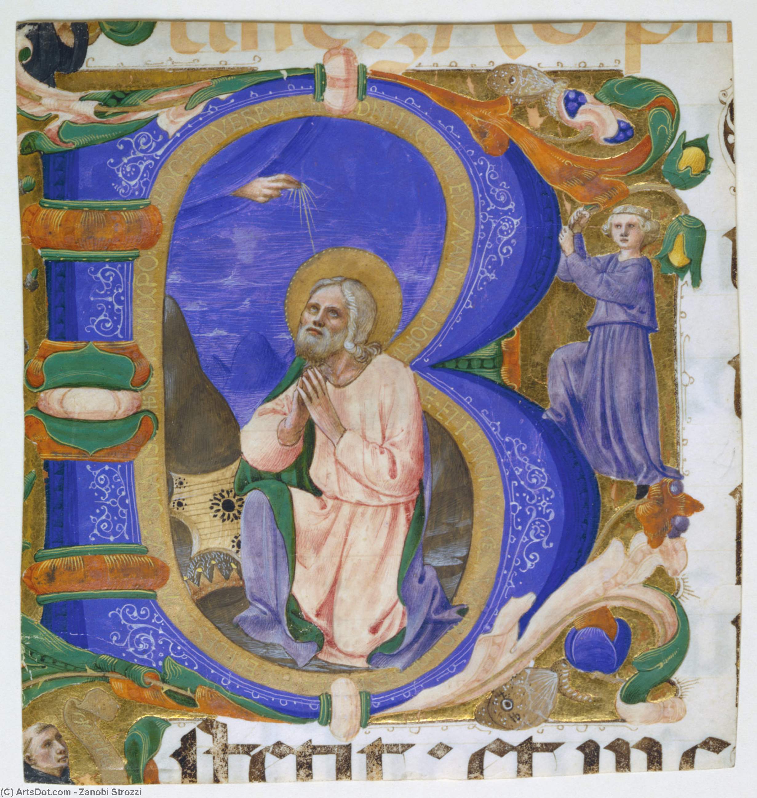 WikiOO.org - Enciklopedija likovnih umjetnosti - Slikarstvo, umjetnička djela Zanobi Strozzi - Initial B with David in Prayer