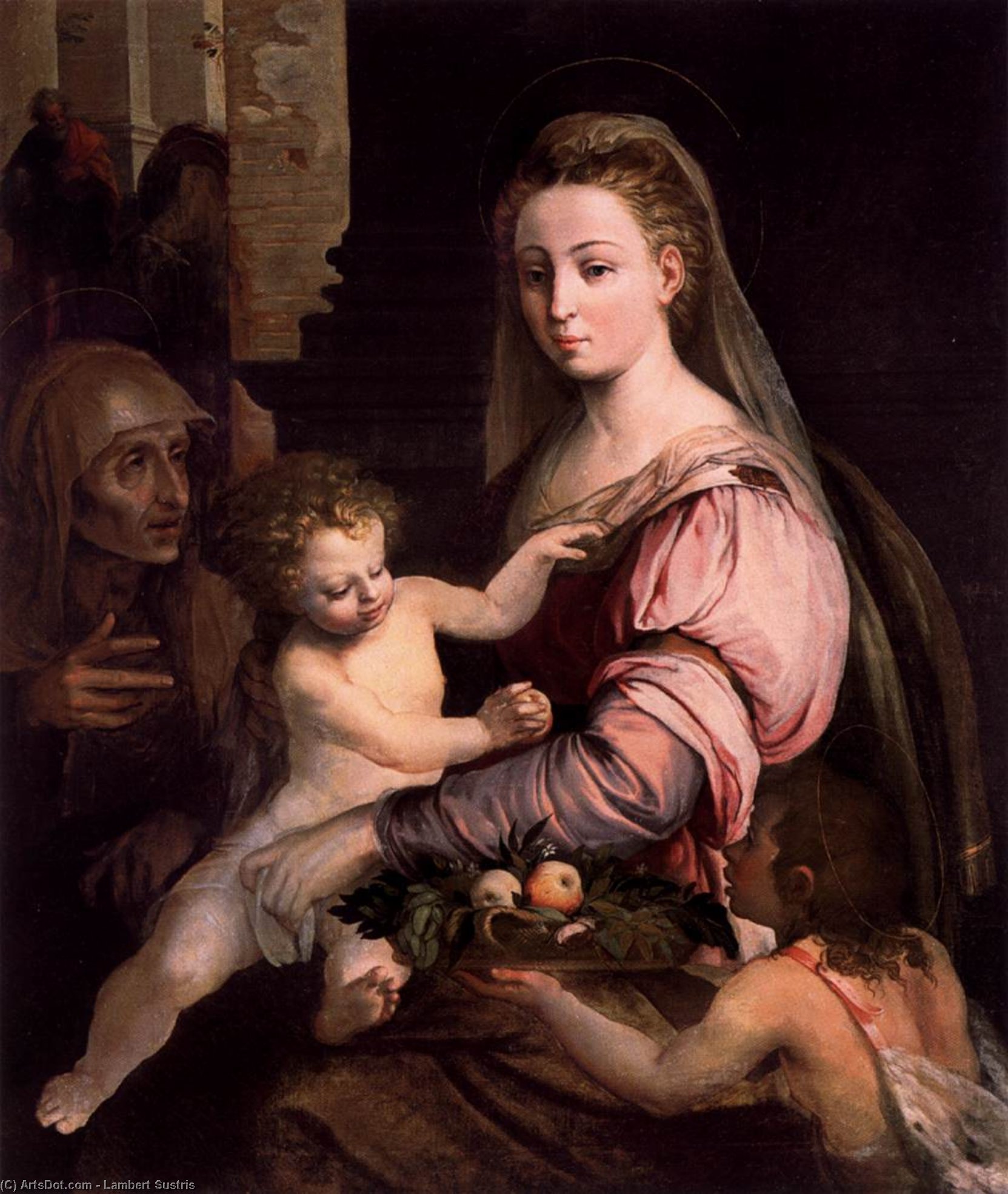 Wikioo.org - The Encyclopedia of Fine Arts - Painting, Artwork by Lambert Sustris - Virgin and Child with St Anne and the Infant St John