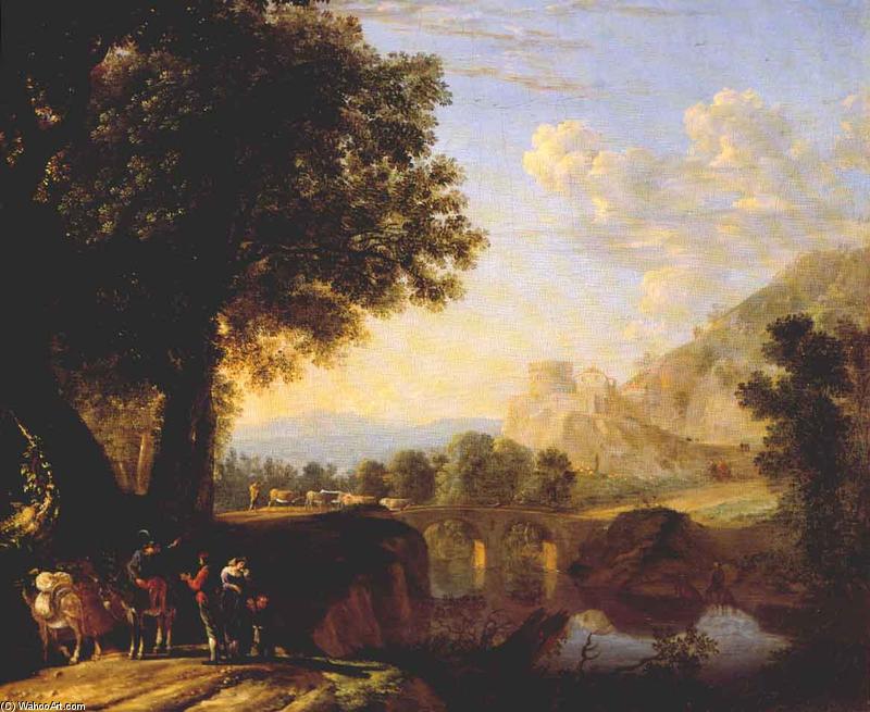 Wikioo.org - The Encyclopedia of Fine Arts - Painting, Artwork by Herman Van Swanevelt - Italian Landscape with Bridge and Castle