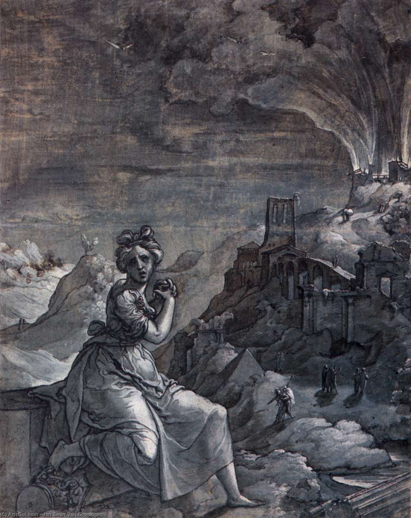 Wikioo.org - The Encyclopedia of Fine Arts - Painting, Artwork by Jan Swart Van Groningen - Woman Lamenting by a Burning City