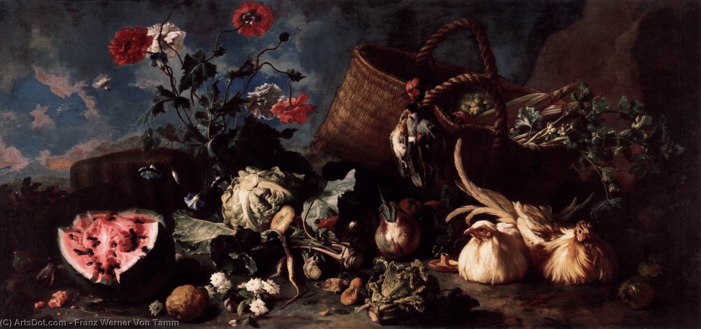WikiOO.org – 美術百科全書 - 繪畫，作品 Franz Werner Von Tamm - 鲜花水果 和  家禽