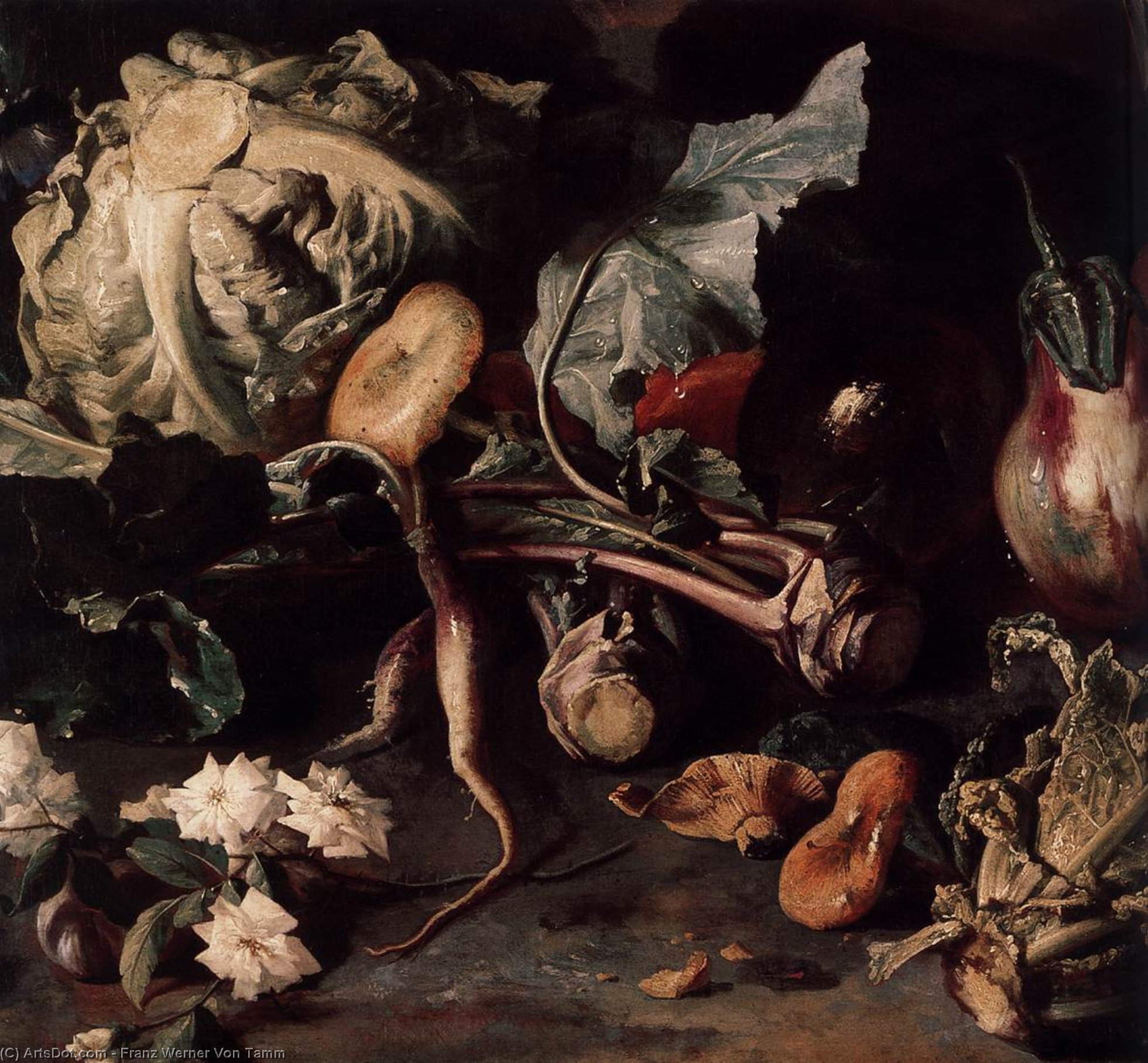 WikiOO.org - אנציקלופדיה לאמנויות יפות - ציור, יצירות אמנות Franz Werner Von Tamm - Flowers, Fruit, and Poultry (detail)