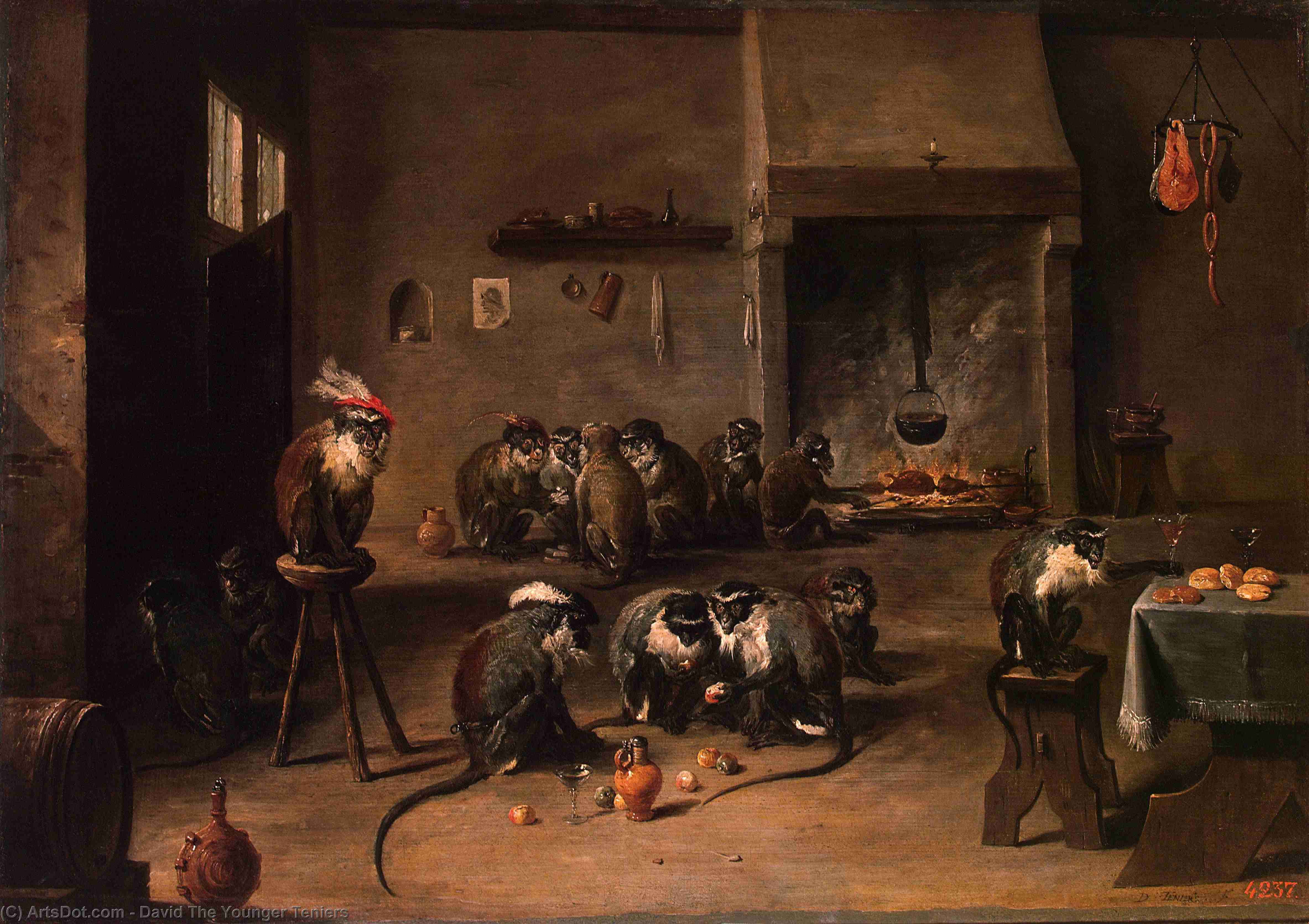 Wikioo.org – La Enciclopedia de las Bellas Artes - Pintura, Obras de arte de David The Younger Teniers - simios cómo  el  cocina