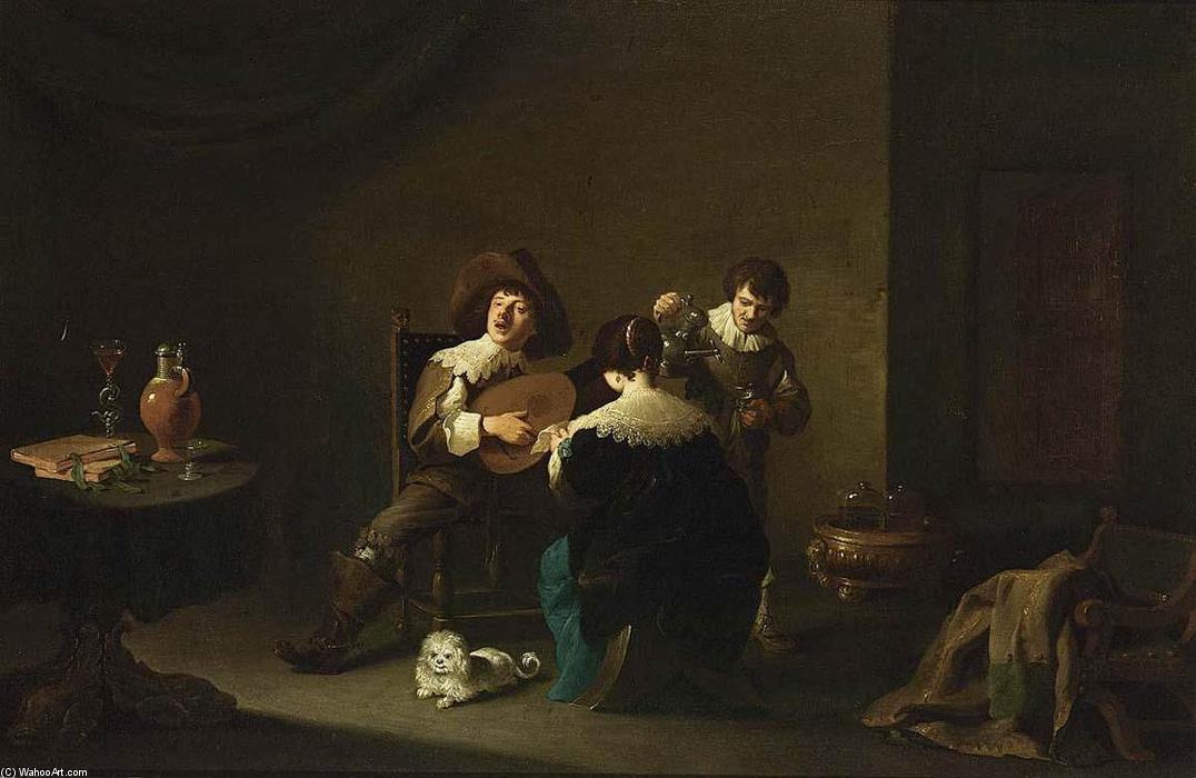 Wikioo.org - The Encyclopedia of Fine Arts - Painting, Artwork by David The Younger Teniers - Interior with a Gentleman Playing a Lute and a Lady Singing