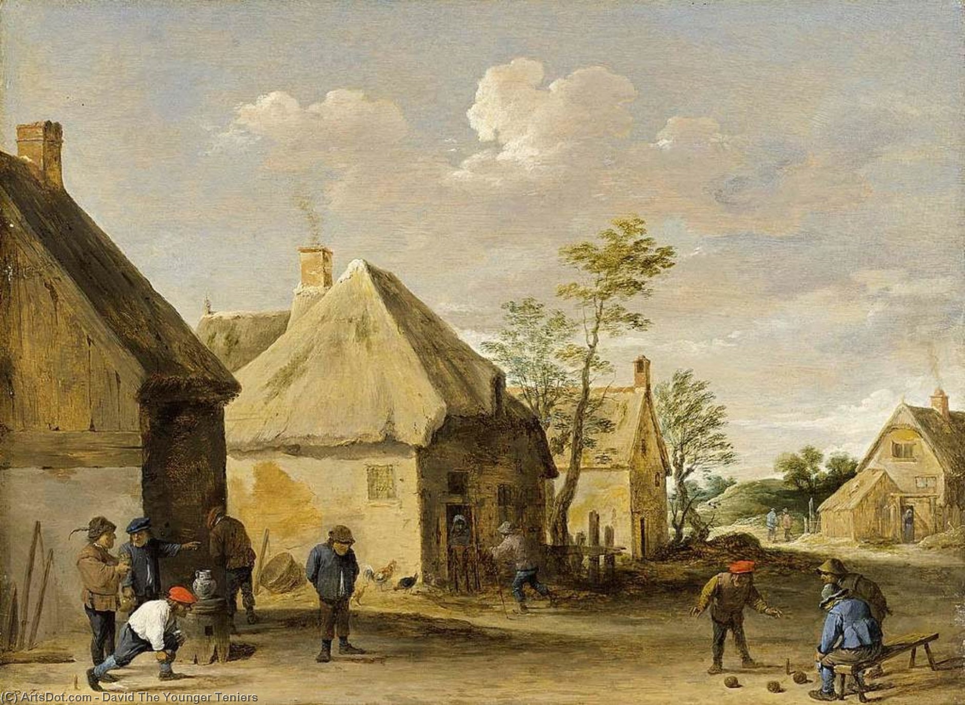 Wikioo.org - Bách khoa toàn thư về mỹ thuật - Vẽ tranh, Tác phẩm nghệ thuật David The Younger Teniers - Peasants Bowling in a Village Street