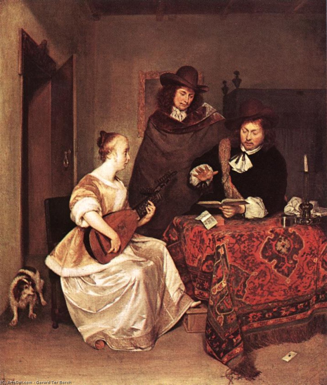 Wikioo.org - The Encyclopedia of Fine Arts - Painting, Artwork by Gerard Ter Borch - A Young Woman Playing a Theorbo to Two Men