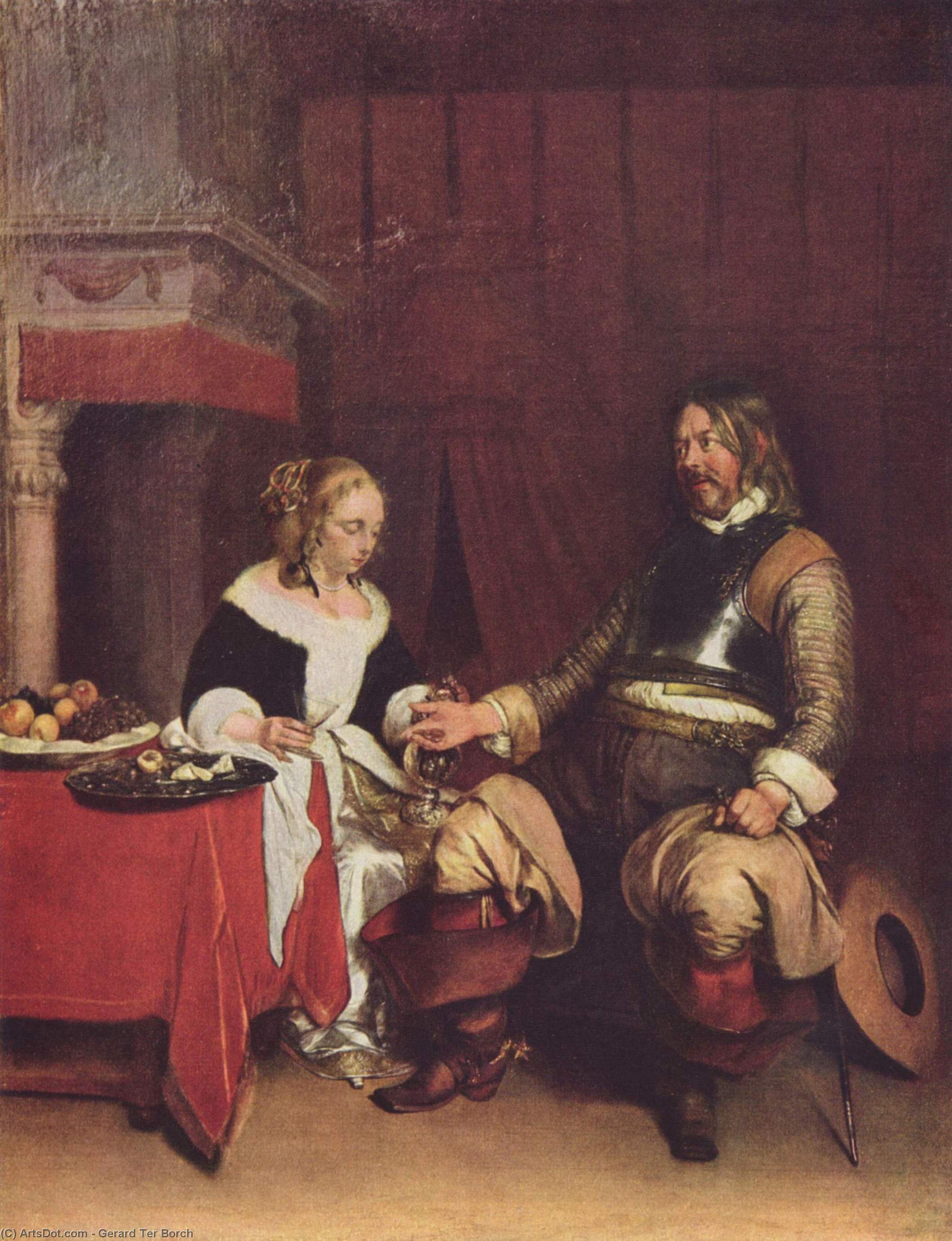 Wikioo.org - The Encyclopedia of Fine Arts - Painting, Artwork by Gerard Ter Borch - Man Offering a Woman Coins