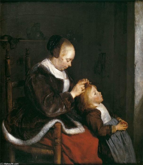 Wikioo.org - The Encyclopedia of Fine Arts - Painting, Artwork by Gerard Ter Borch - Mother Combing the Hair of Her Child