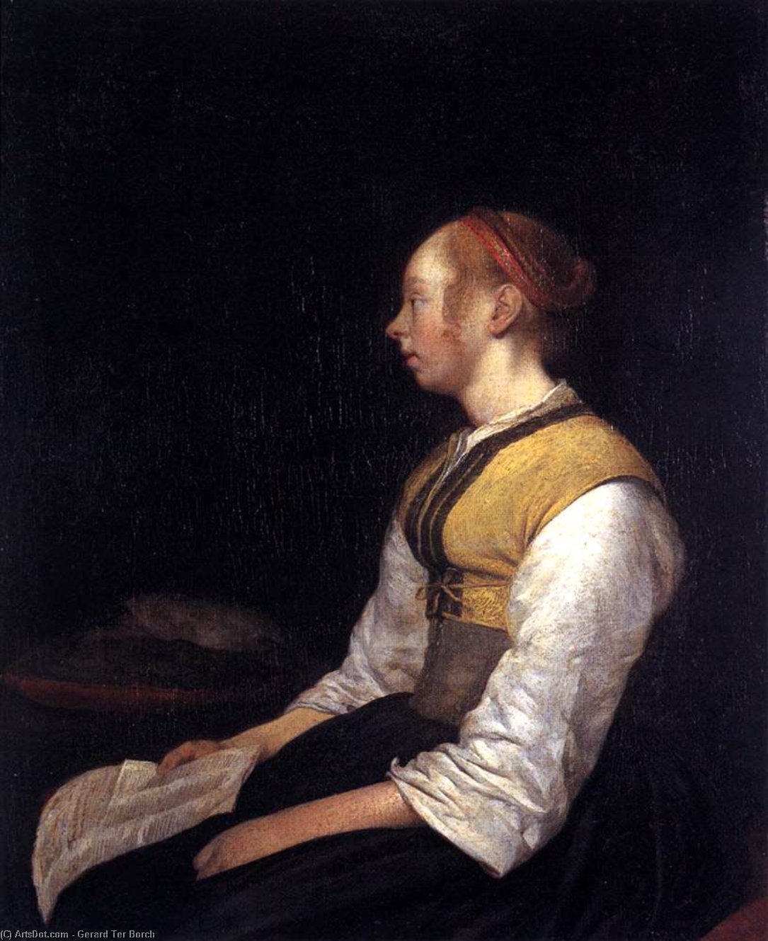 Wikioo.org – L'Encyclopédie des Beaux Arts - Peinture, Oeuvre de Gerard Ter Borch - assis fille dans  paysan  déguisement
