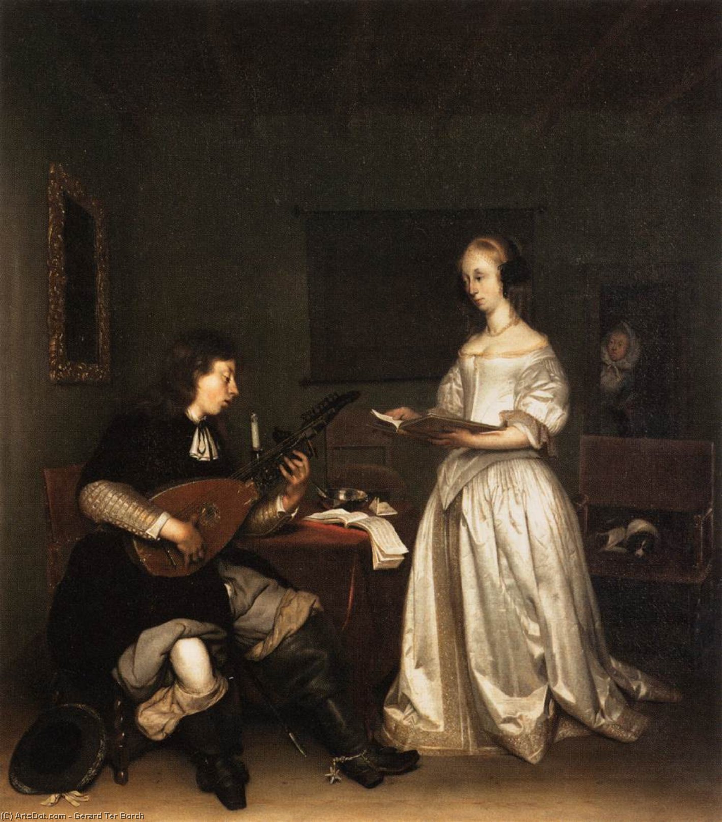 WikiOO.org - אנציקלופדיה לאמנויות יפות - ציור, יצירות אמנות Gerard Ter Borch - The Duet: Singer and Theorbo Player