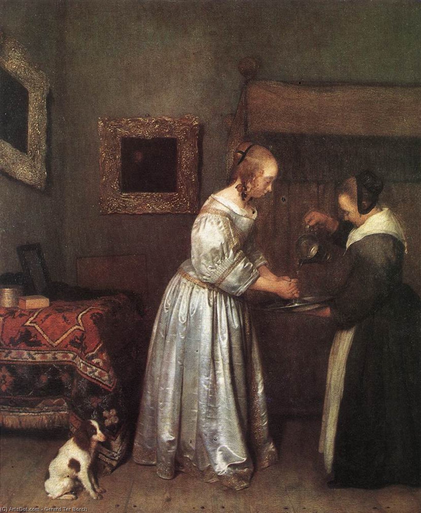 Wikioo.org - The Encyclopedia of Fine Arts - Painting, Artwork by Gerard Ter Borch - Woman Washing Hands