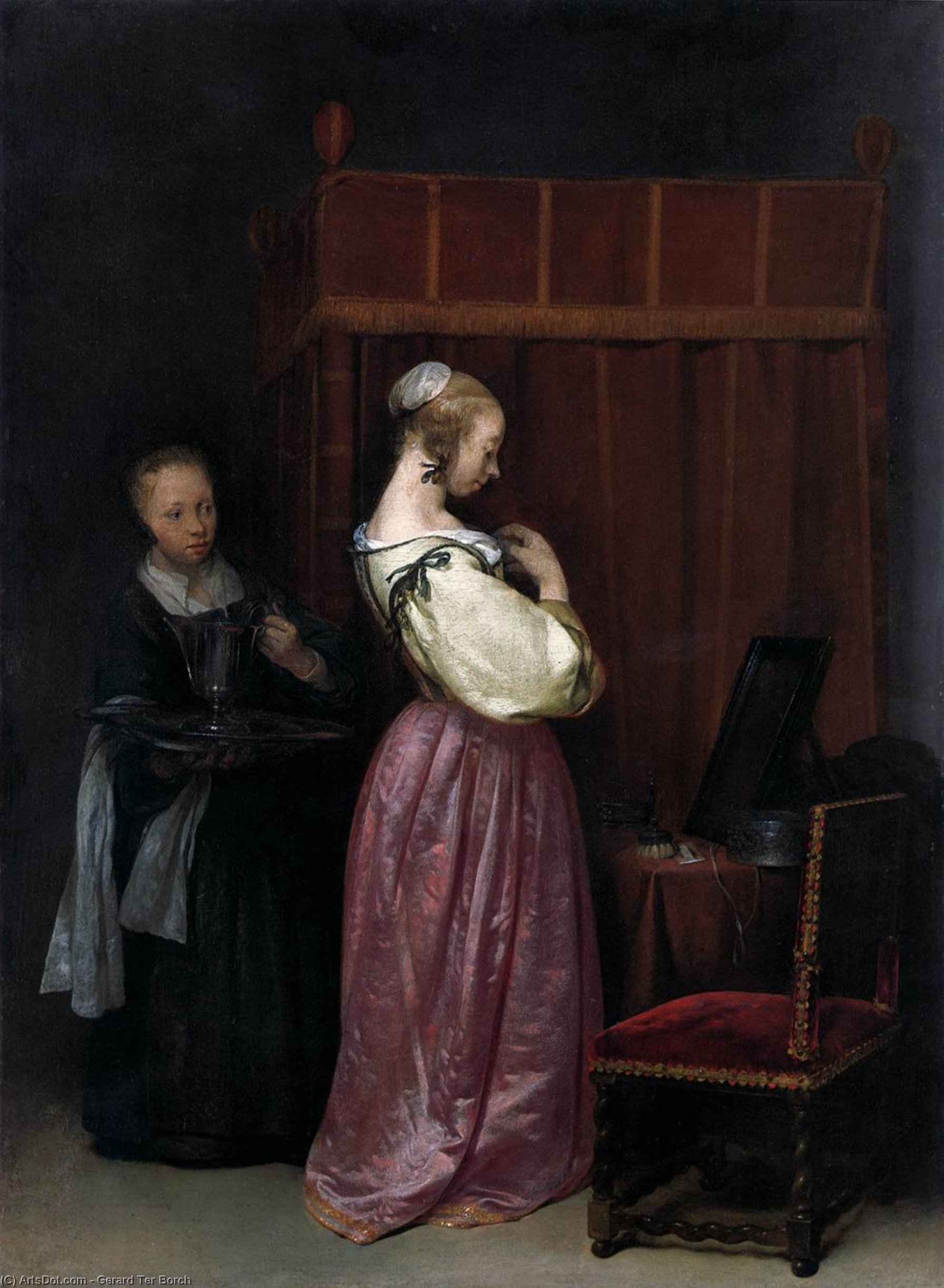Wikioo.org - The Encyclopedia of Fine Arts - Painting, Artwork by Gerard Ter Borch - Young Woman at Her Toilet with a Maid