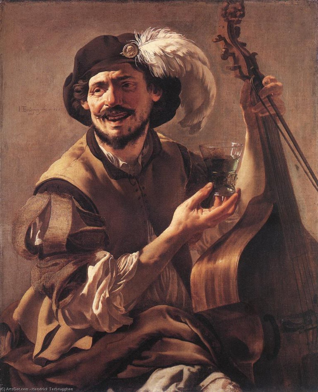 Wikioo.org - The Encyclopedia of Fine Arts - Painting, Artwork by Hendrick Terbrugghen - A Laughing Bravo with a Bass Viol and a Glass
