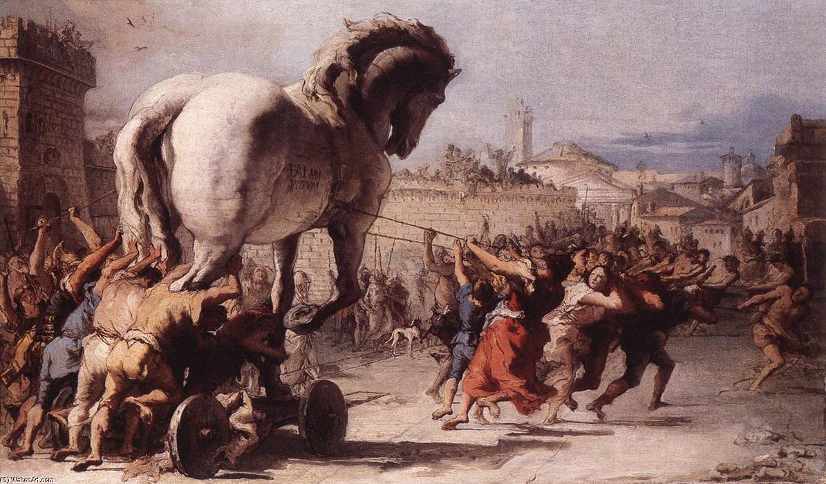 Wikioo.org – La Enciclopedia de las Bellas Artes - Pintura, Obras de arte de Giovanni Domenico Tiepolo - La procesión del caballo de Troya en Troy