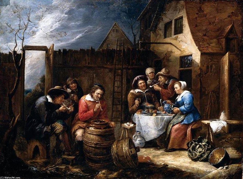 WikiOO.org - Encyclopedia of Fine Arts - Maleri, Artwork Gillis Van Tilborgh - Boors Eating Drinking and Smoking outside a Cottage