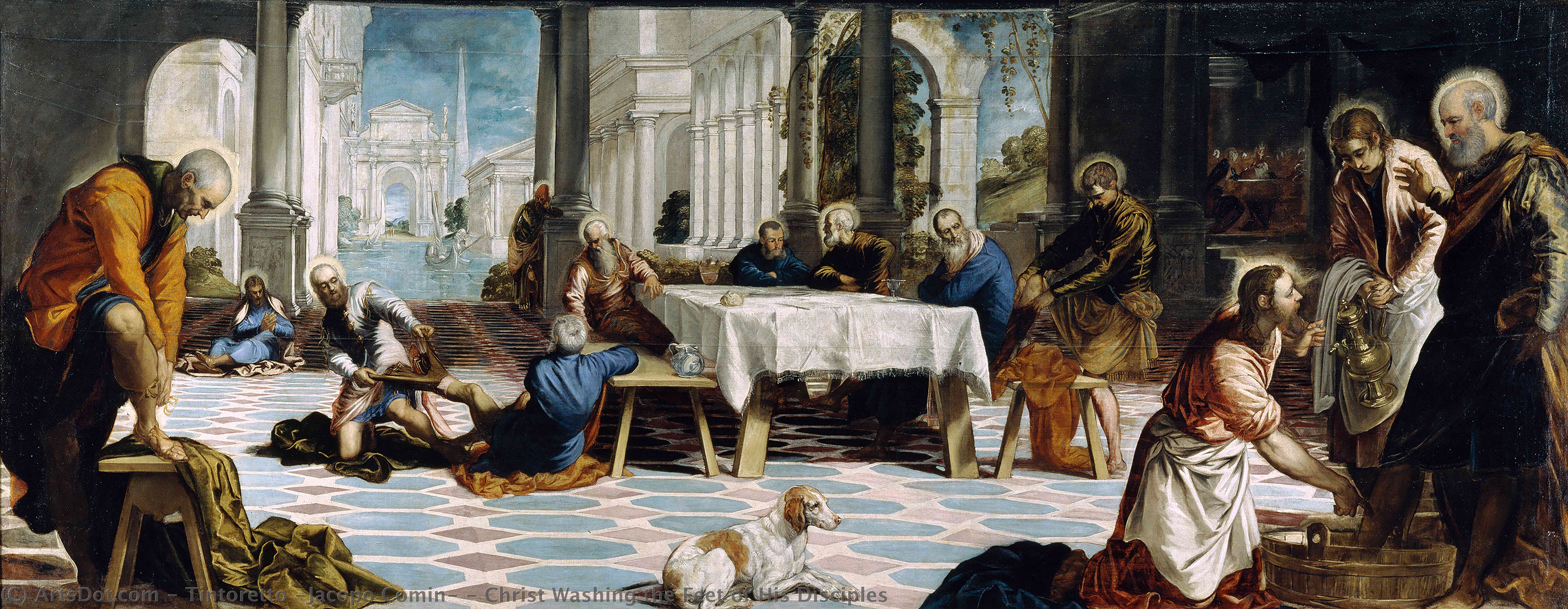 Wikioo.org – La Enciclopedia de las Bellas Artes - Pintura, Obras de arte de Tintoretto (Jacopo Comin) - cristo lavando los pies de sus discípulos